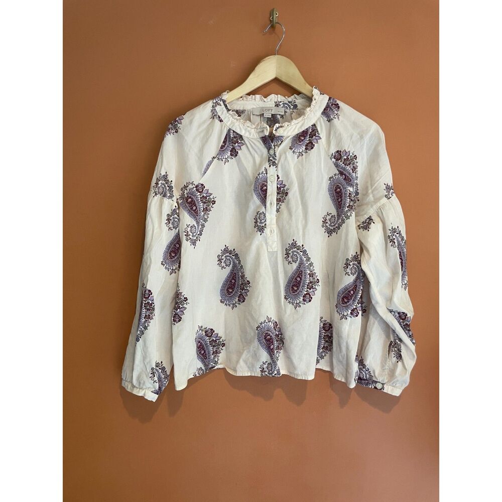 LOFT Petites Paisley Floral Ruffle Neck Long Sleeve Boho Blouse PM